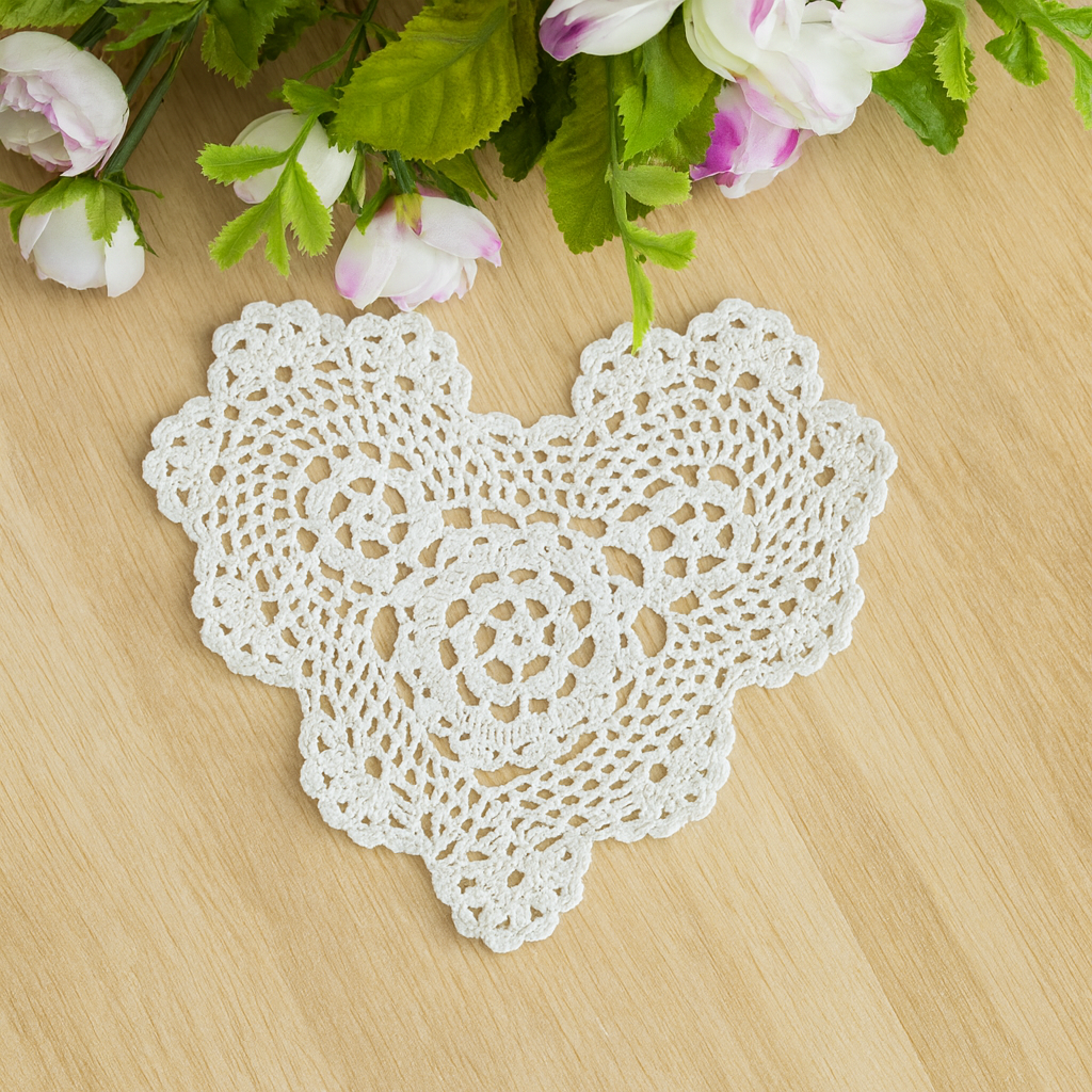 20003 - 6" White Handmade Heart-Shaped Cotton Lace Cotton Doily