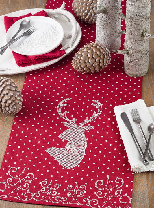 7343 - Red Holiday Reindeer Polka Dot Table Runner – 16" x 70"