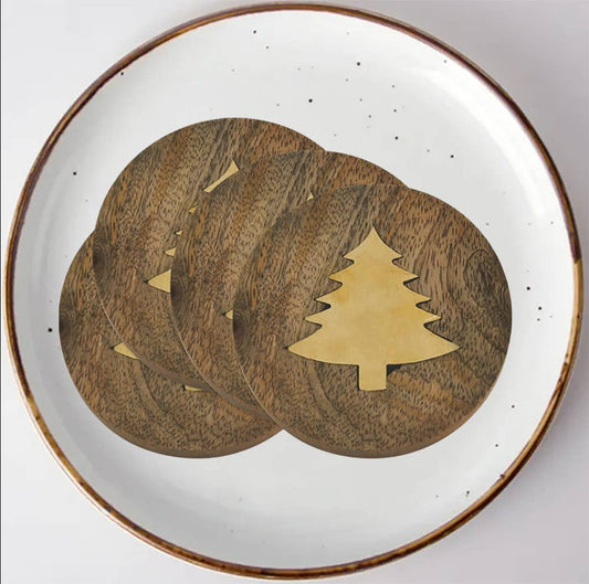 CO118 - Natural Wood Brass Tree Inlay 4" Drink Coaster