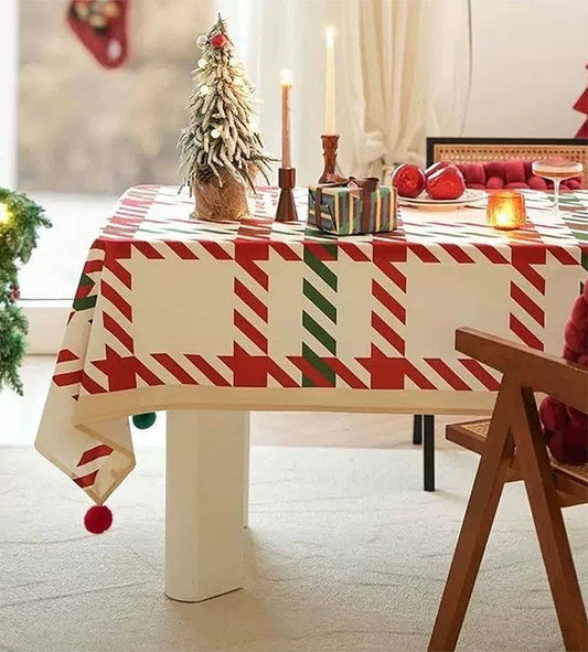 TBL0083 - Classic Plaid Holiday Tablecloth with Pom-Poms