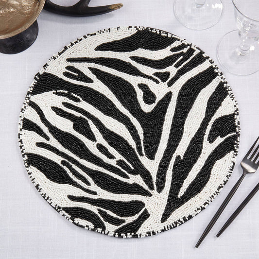3282 - Black & White Beaded Zebra 14" Round Placemat