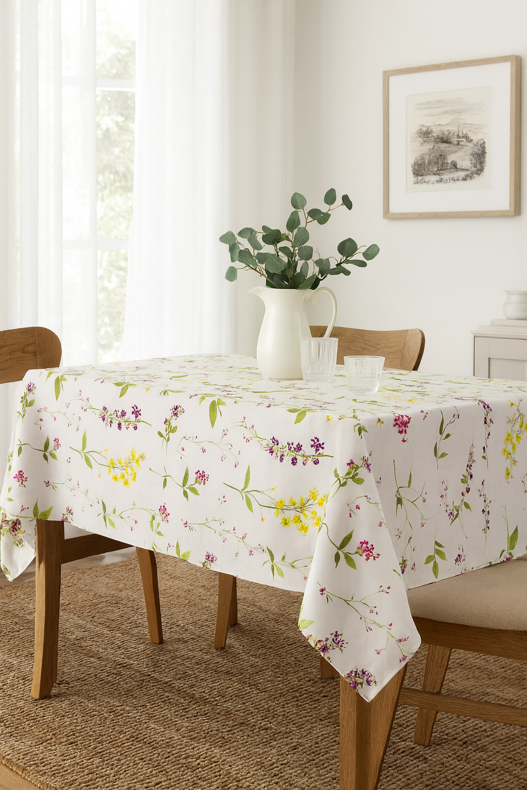 1015 - Watercolor Floral Stems Linen-Cotton Tablecloth - 60" Square