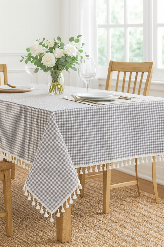 TBL0021 - Brown Rustic Gingham Check Tasseled Cotton Blend Tablecloth