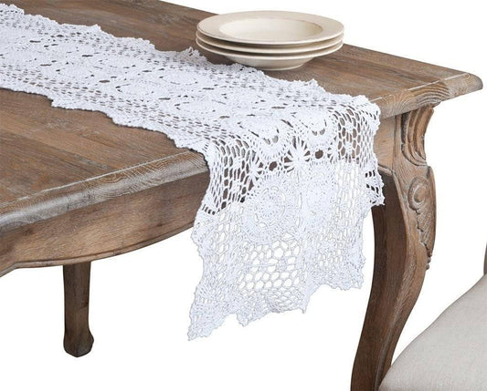 869 - White Medallion Hand Crocheted 16"x45" Cotton Table Runner