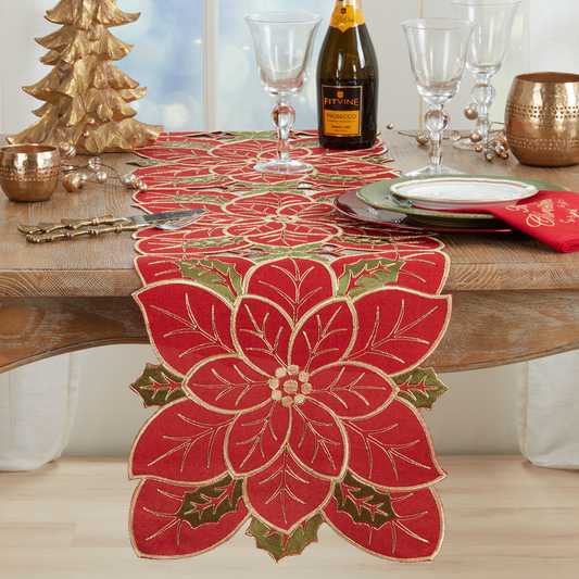 2096 - Red Green Embroidered Poinsettia Table Runner - 16x72 in