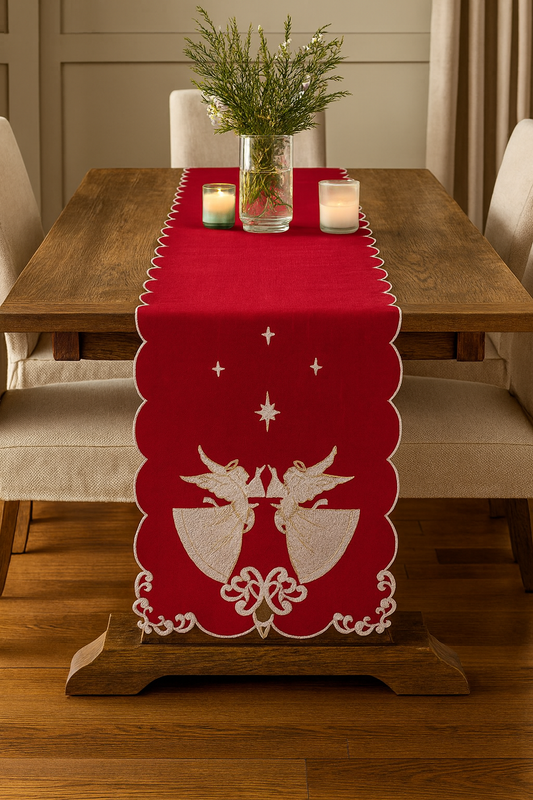 2618 - Red Embroidered Angels 16"x72" Table Runner