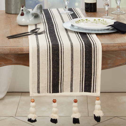 8850 - Stripe Wooden Beaded Tassel Cotton-Jute Table Runner