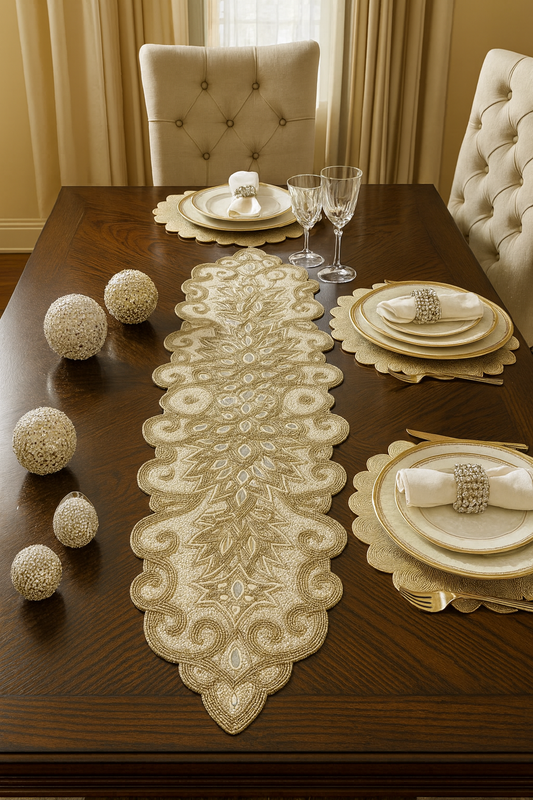 1049 - Silver Beaded Scroll Motif 12x38 Inch Table Runner