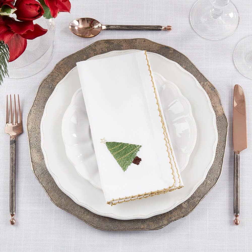 4807 - Whip Stitch Christmas Tree White Cotton 18" Napkin