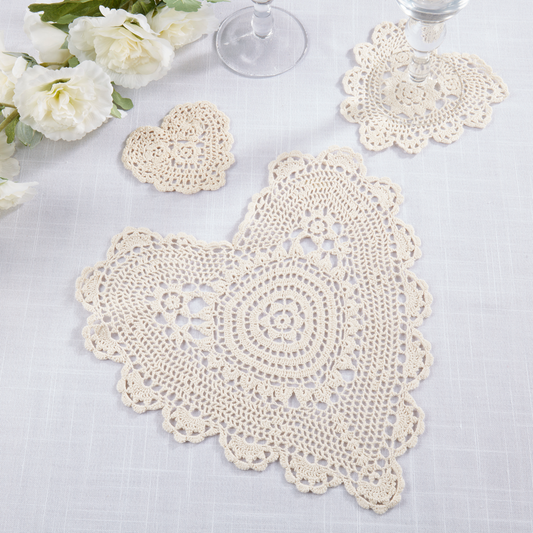 20003 - Ecru Hand Crocheted Heart-Shaped Cotton Lace Doily
