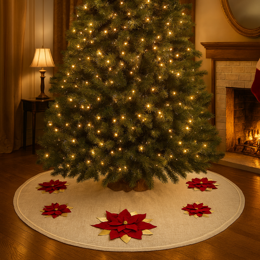 TBL0004 - Gold-Red 3D Poinsettia Natural 53" Christmas Tree Skirt