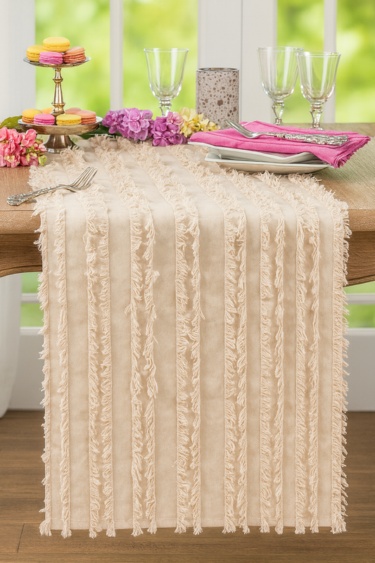 TBL0042 - Beige Fringed Stripe Cotton 15"x72" Table Runner