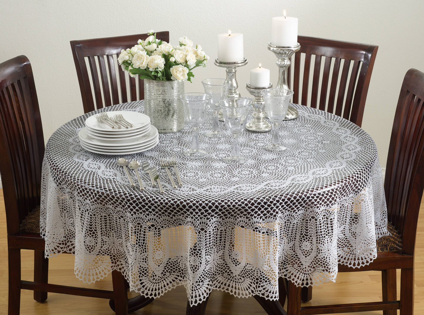 VN308 - White Classic Crochet Vinyl Tablecloth - 72" Round