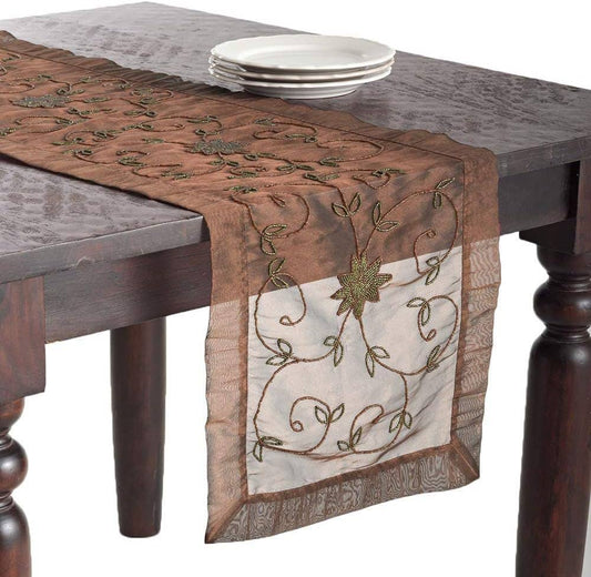 BD23 - Brown Beaded Flower 16"x72" Table Runner