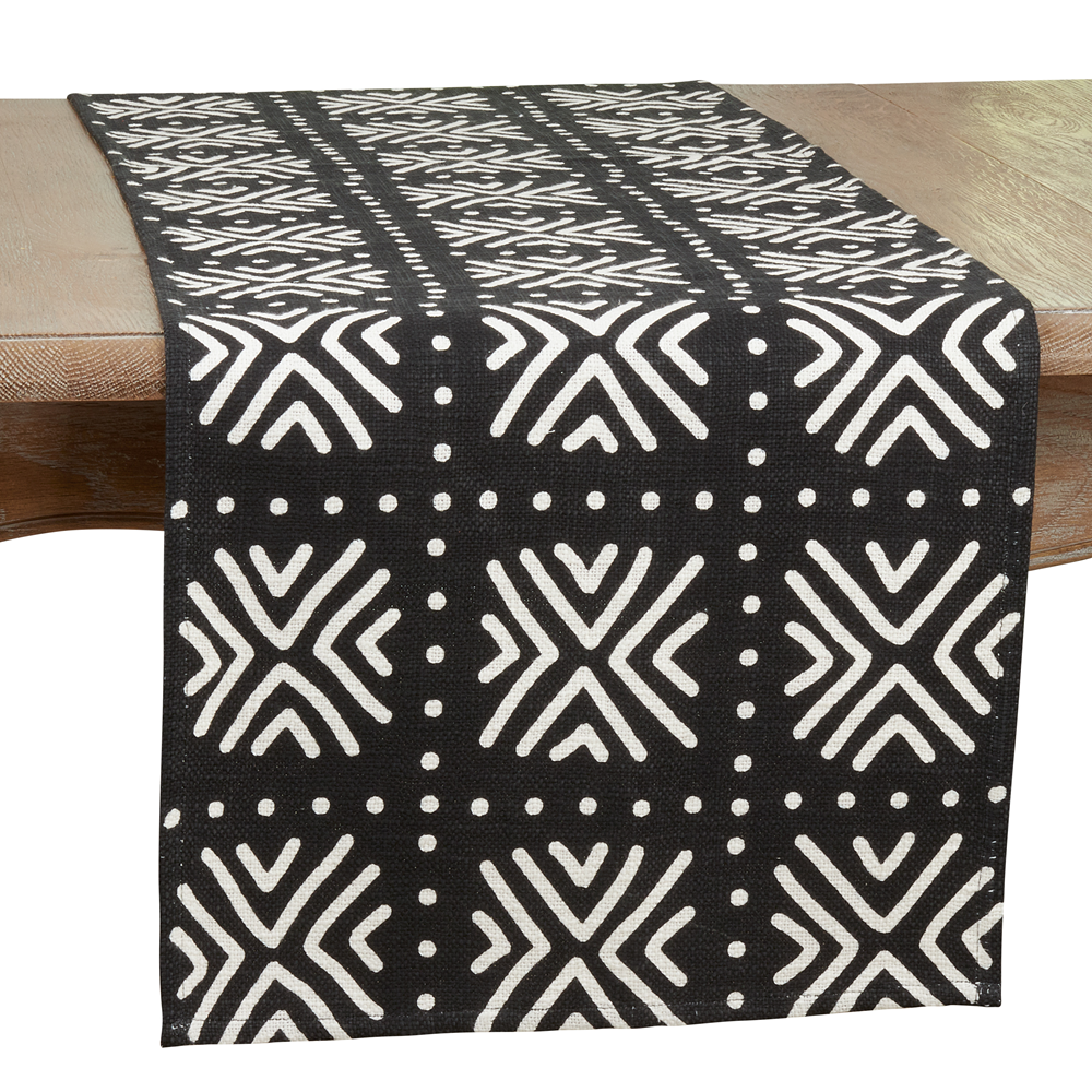 1512 - Black and White Mudcloth Cotton 16"x72" Table Runner