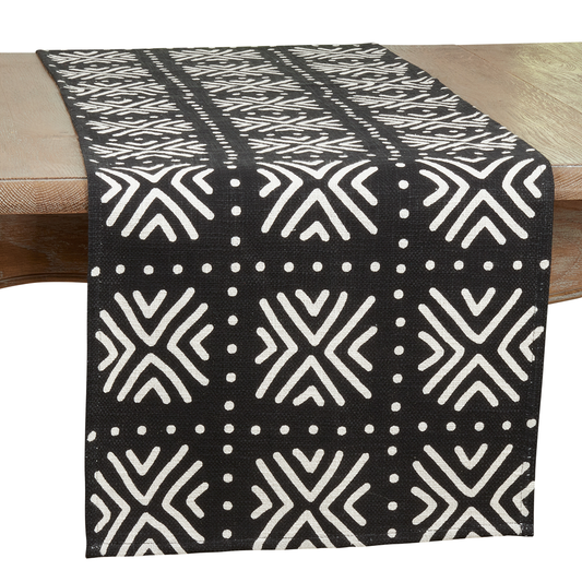 1512 - Black and White Mudcloth Cotton 16"x72" Table Runner