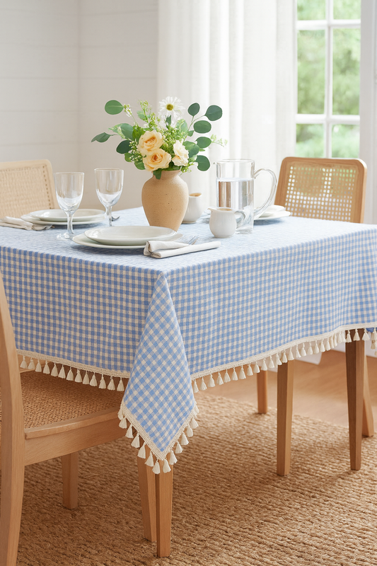 TBL0021 - French Blue Rustic Gingham Tasseled Cotton Blend Tablecloth