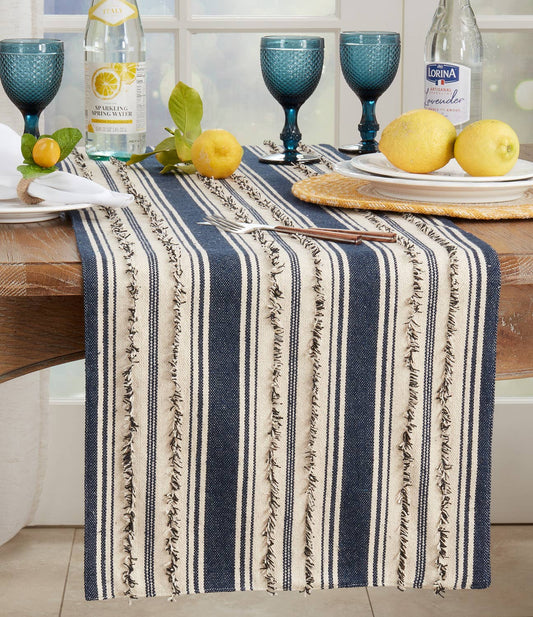 473 - Navy Fringe Stripe Cotton 16"x72" Table Runner
