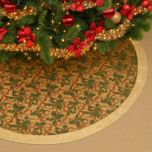 XJ378 - Holly Ribbon Gold Sheer 48" Christmas Tree Skirt