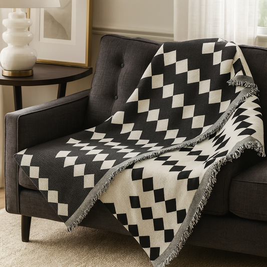 TH0038 - White & Black Modern Reversible Throw Blanket