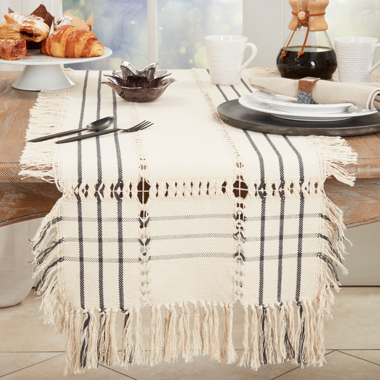 907 - Plaid Hemstitch Fringe Cotton 16"x72" Table Runner