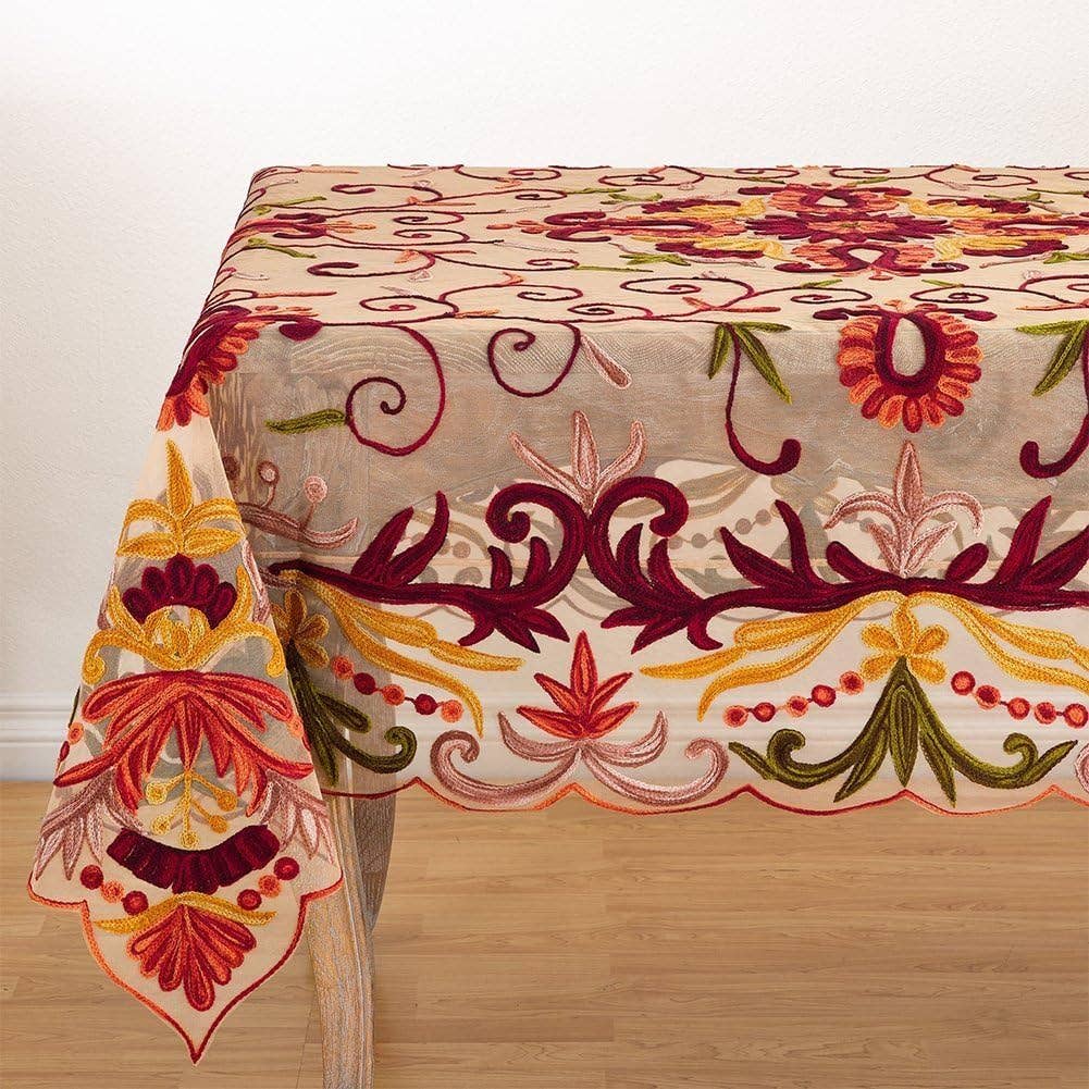 AN01 - Red Multi Embroidered Floral Tablecloth