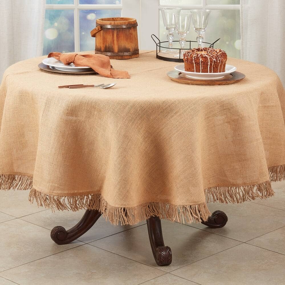 1837 - Natural Textured Jute Tassel 72" Round Tablecloth