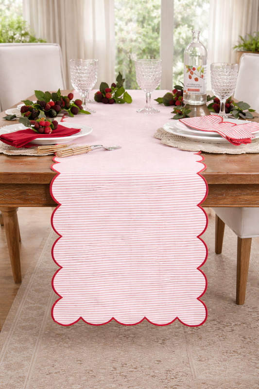8122 - Red Striped Scalloped 16"X72" Cotton Table Runner