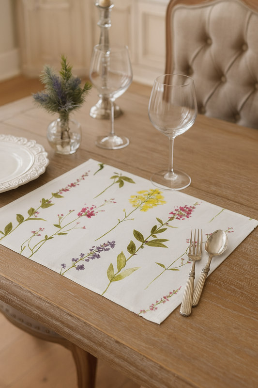 1015 - Watercolor Floral Stems Linen-Cotton Placemat - 14X20 in