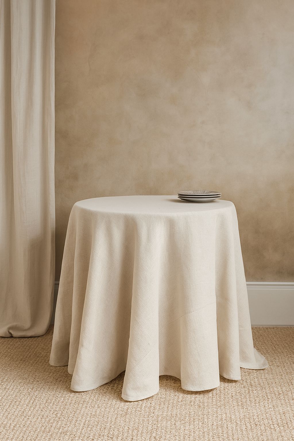 0811 - Ivory Passe Partout Burlap Lined 132" Round Tablecloth