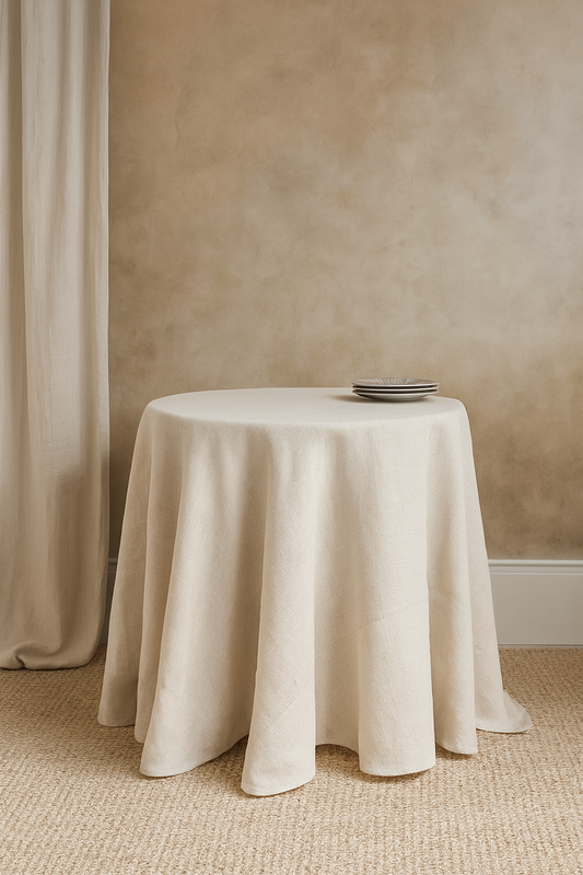 0811 - Ivory Passe Partout Burlap Lined 132" Round Tablecloth