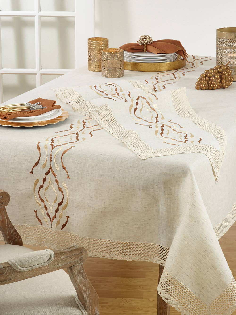 4799 - Natural Embroidered Lace Trim 72"x14" Linen-Poly Tablecloth