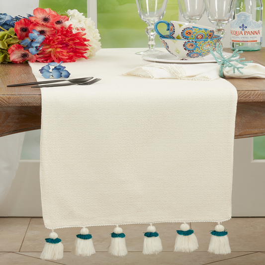 3530 - Teal Tassels Ivory Cotton 16"x72" Table Runner