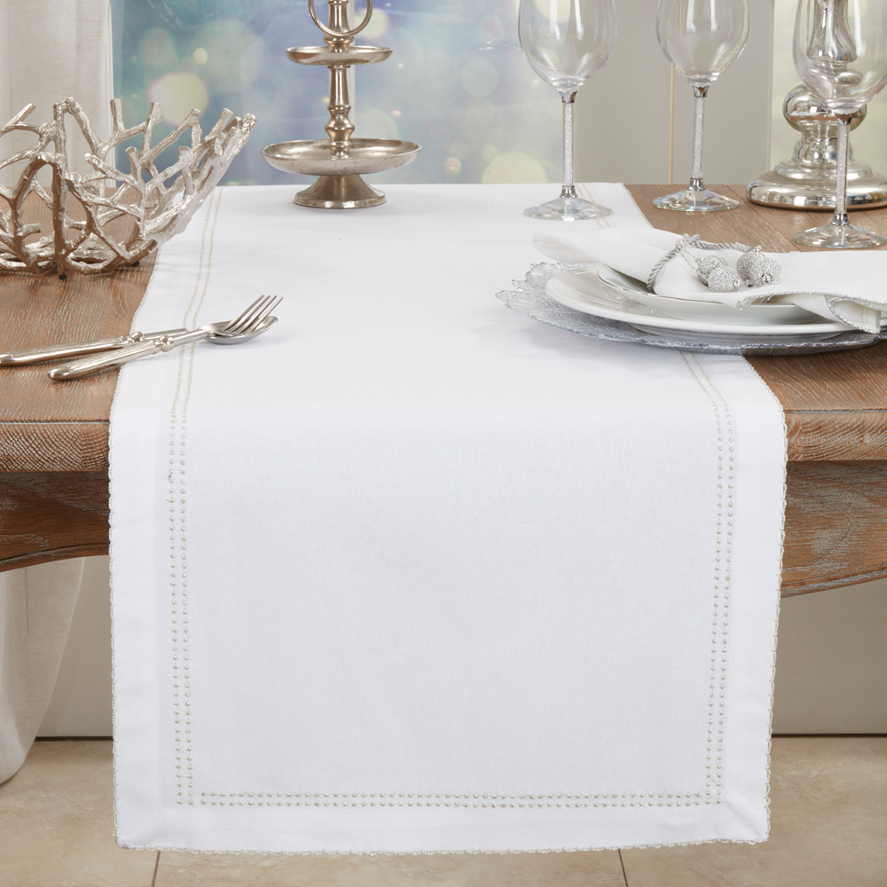 1187 - Silver Embroidered Border Cotton 16"x72" White Table Runner
