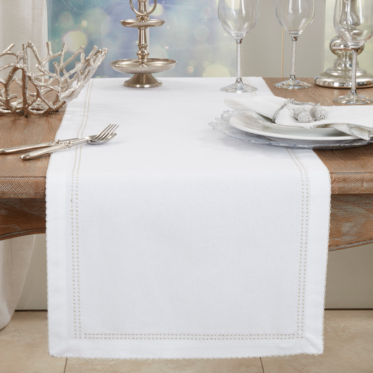 1187 - Silver Embroidered Border Cotton 16"x72" White Table Runner