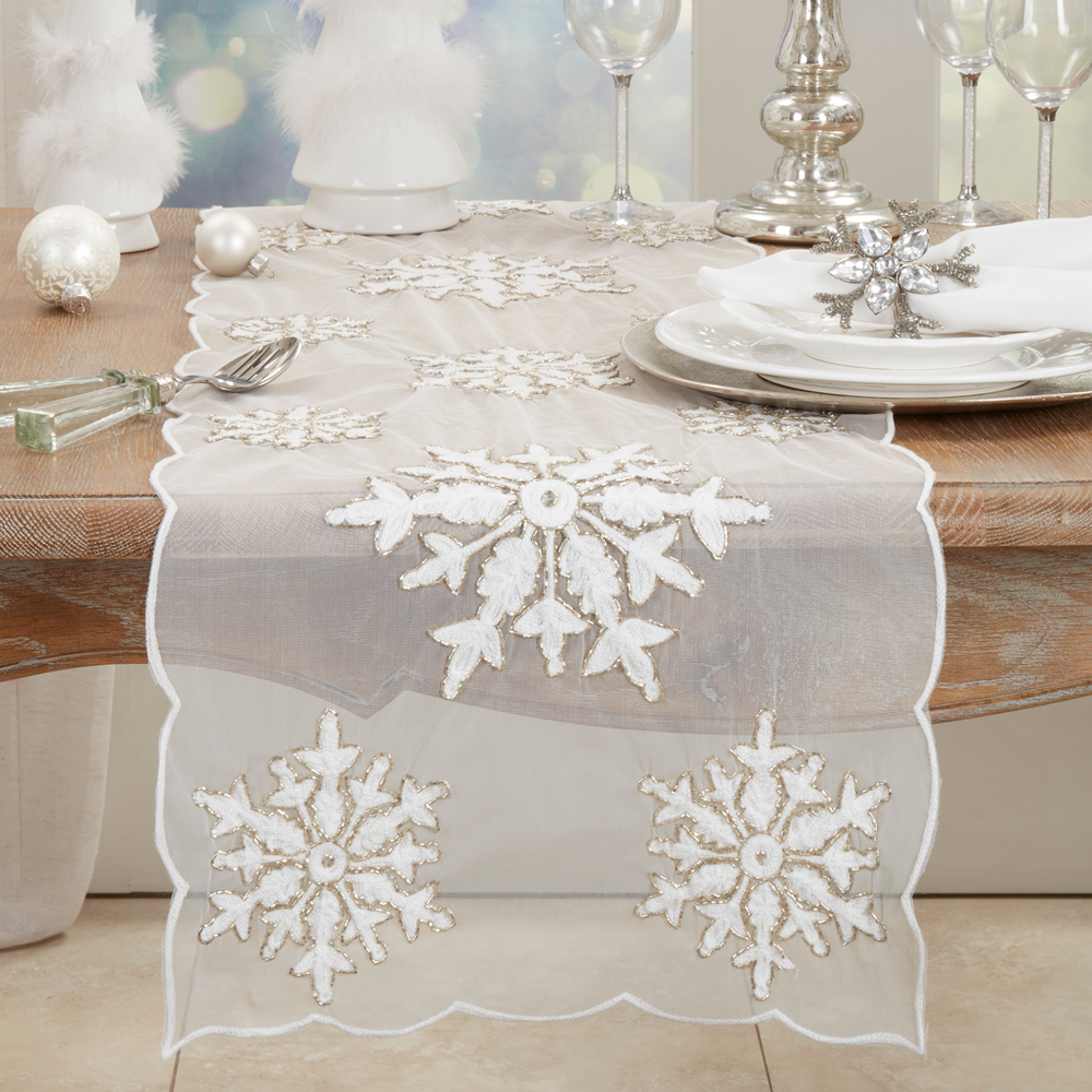 XM02 - White Beaded & Embroidered Snowflake Table Runner