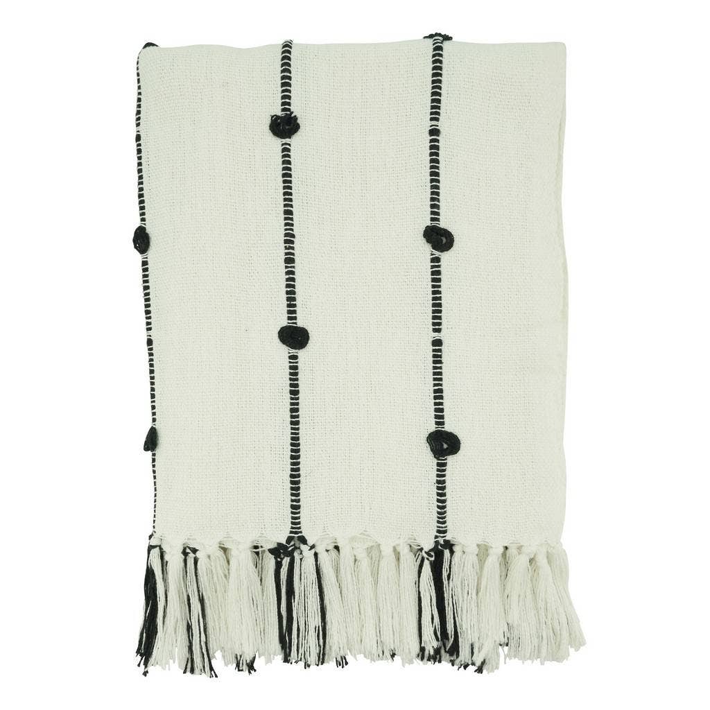 TH174 - White-Black Knotted Cotton 50"X60" Throw Blanket