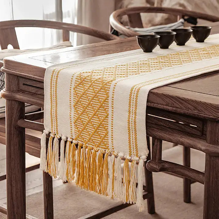 RNR0017 - Yellow Diamond Stitched Tasseled Cotton Blend Table Runner