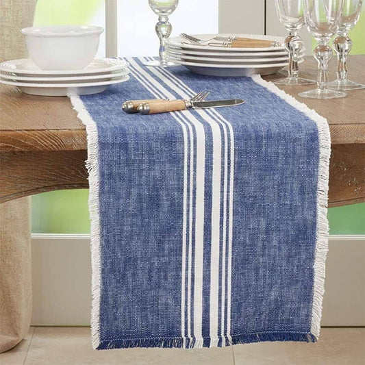 1919 - Blue Striped Cotton 13"x72" Table Runner with Fringe