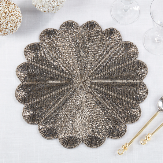 201 - Pewter Flower Beaded 15" Round Placemat