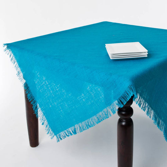 JU209 - Turquoise Fringed Jute Woven 60" Square Tablecloth