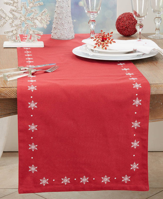 1252 - Red Embroidered Snowflake 16"X72" Cotton Table Runner