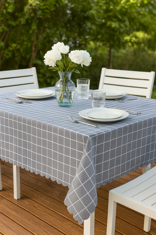TBL0008 - Grey-White Plaid Waterproof Scalloped Tablecloth