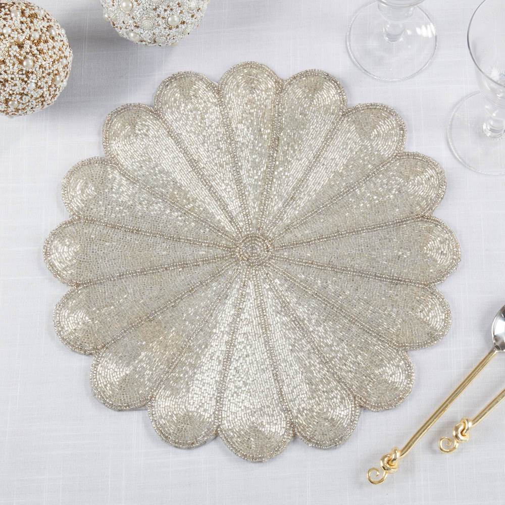 201 - Silver Flower Beaded 15" Round Placemat