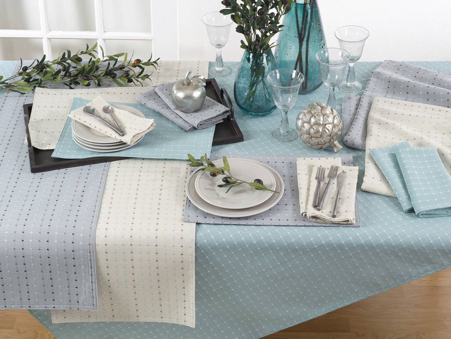 2136 - Stitched Line Cotton Blend Tablecloth, Runner, Placemat