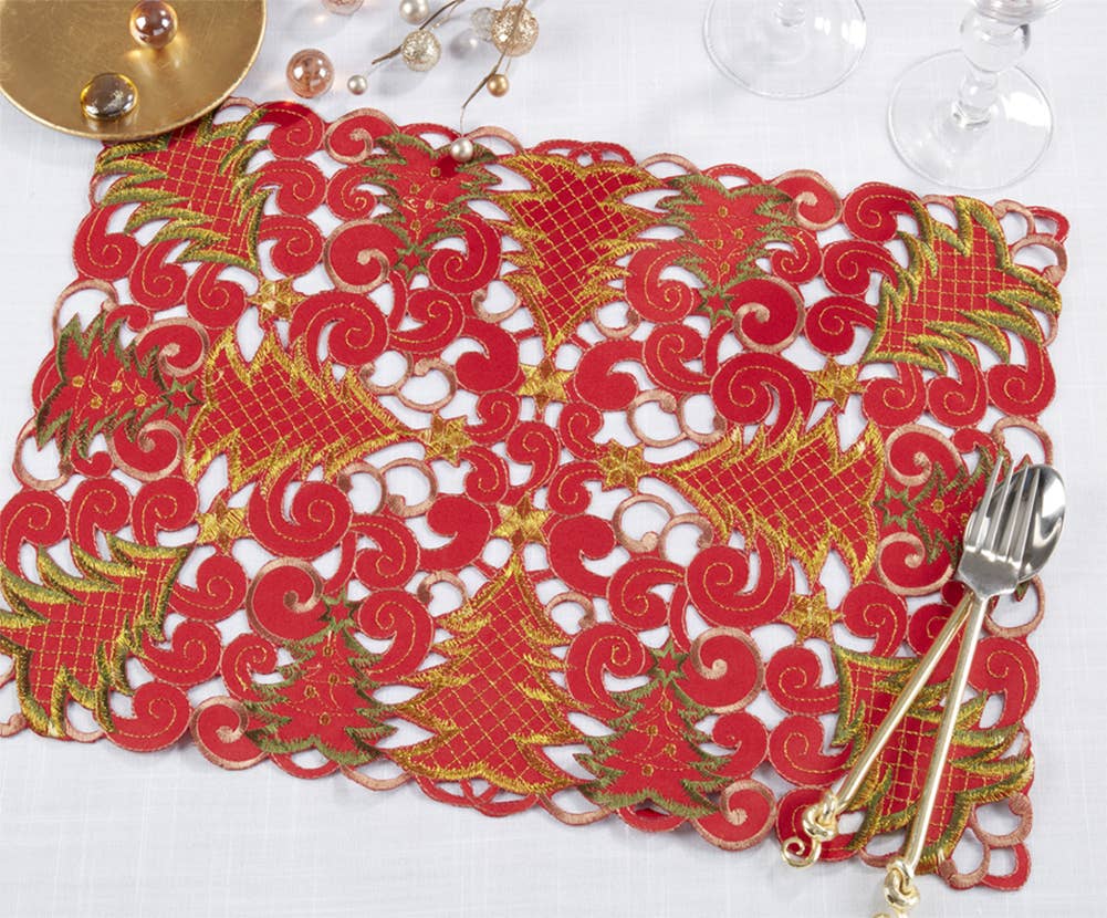 QX296 - Red Christmas Tree Cutwork 14"x20" Placemat