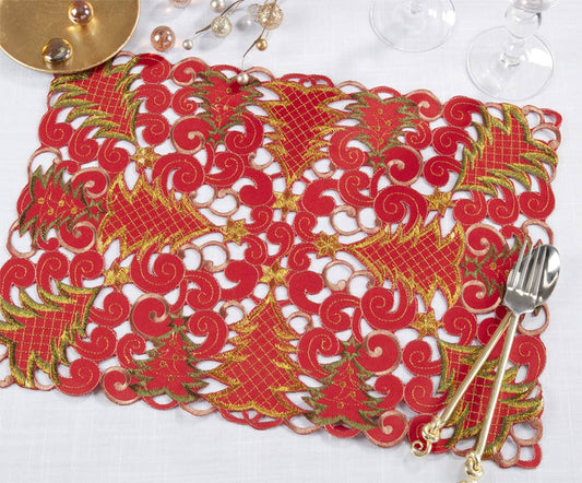 QX296 - Red Christmas Tree Cutwork 14"x20" Placemat