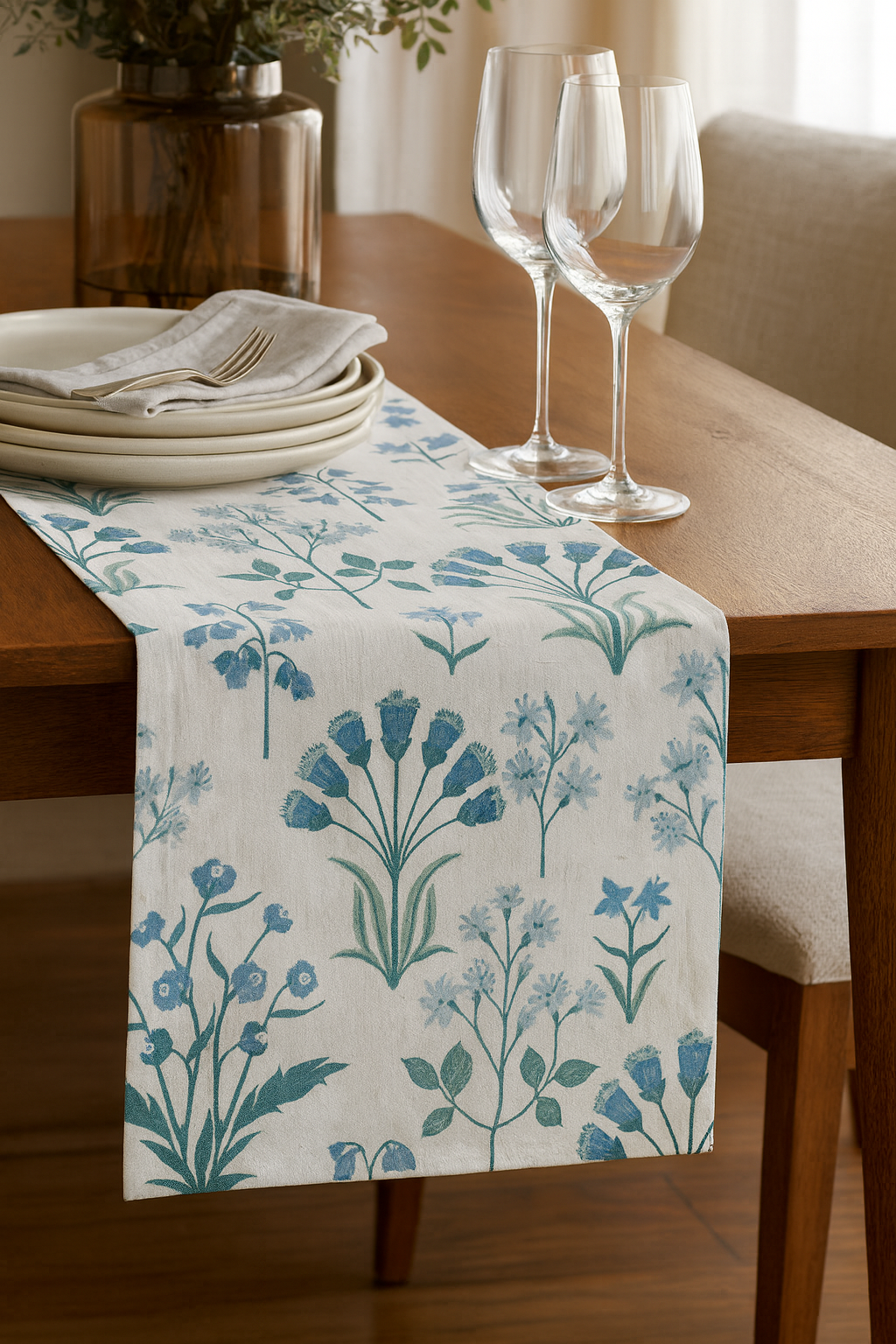TBL0068 - Blue Flower Design 13x71 Inch Reversible Table Runner