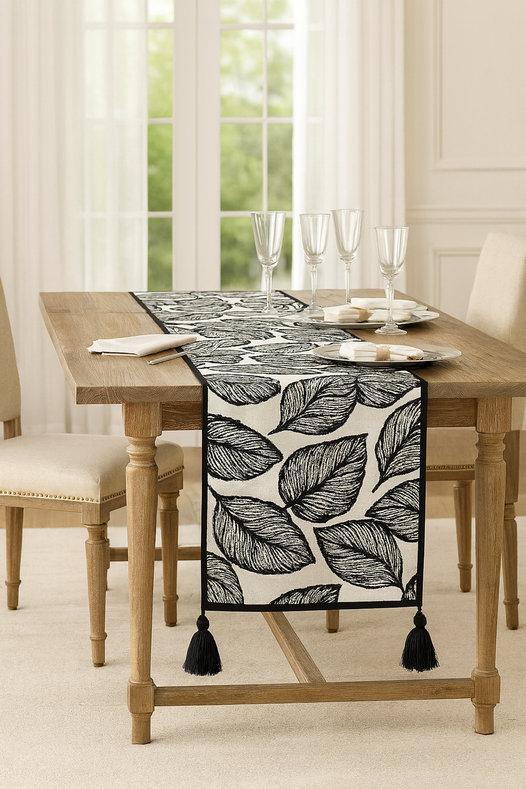 TBL0012 - Black and White Leaf Pattern 14"x71" Table Runner