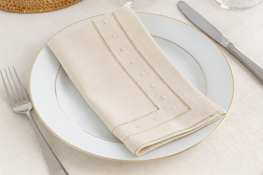 8648 - Beige Swiss Dot Hemstitch Linen Blend Cloth Napkin